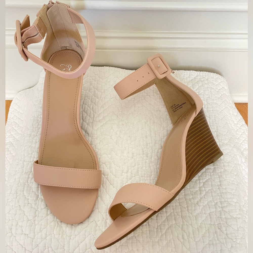 New Wedge Sandal 3 “ Heel Ankle Strap Summer Shoe w zip back & Buckle Nude